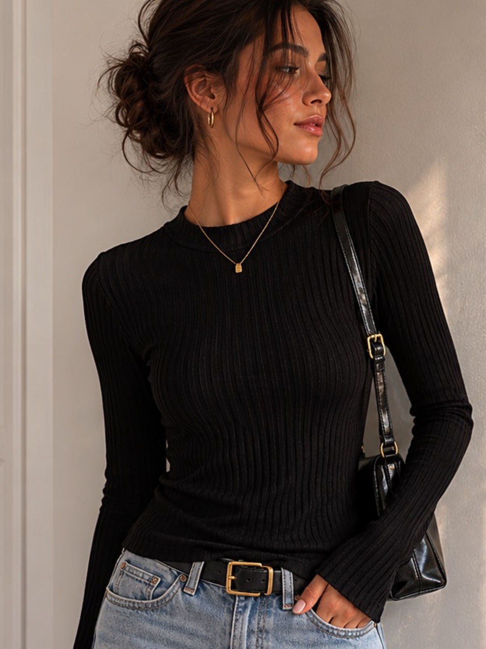 Zara Black Ribbed Long Sleeve Top